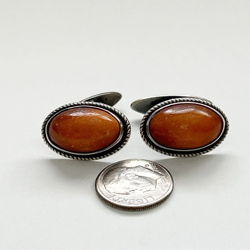 Vintage Baltic Butterscotch Amber Sterling Silver Cuff Links